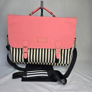 Kamliu Laptop Messenger Bag Pink w/ Black & Off White Stripes 16" x 12" x 2.5"
